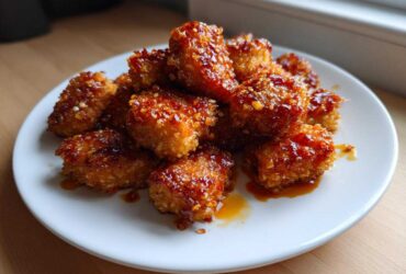 A pile of crispy Sheet Pan Crispy Honey Garlic Tofu Nuggets coated in a sticky, shiny glaze on a white plate.