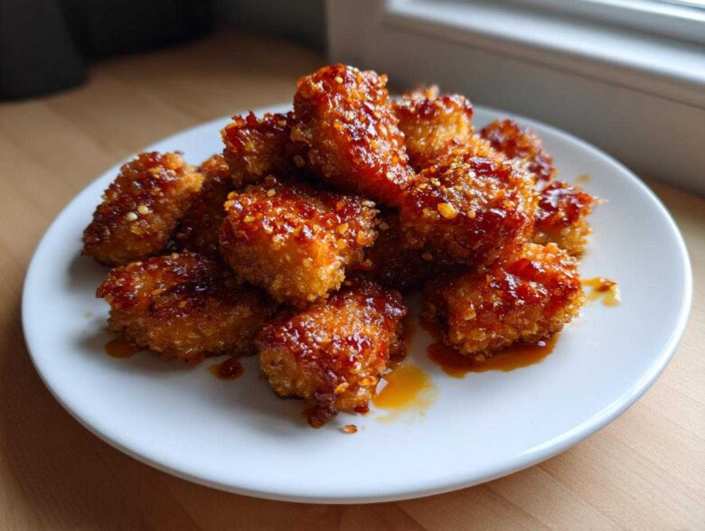 A pile of crispy Sheet Pan Crispy Honey Garlic Tofu Nuggets coated in a sticky, shiny glaze on a white plate.