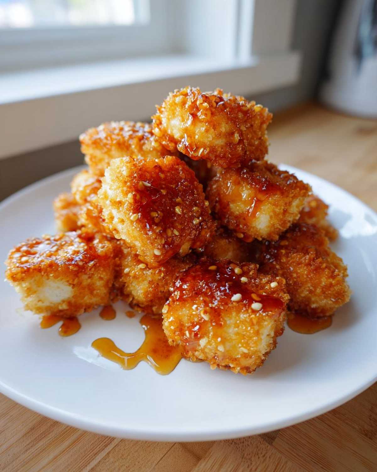 A close-up stack of crispy Sheet Pan Crispy Honey Garlic Tofu Nuggets drizzled with sticky glaze and sesame seeds.
