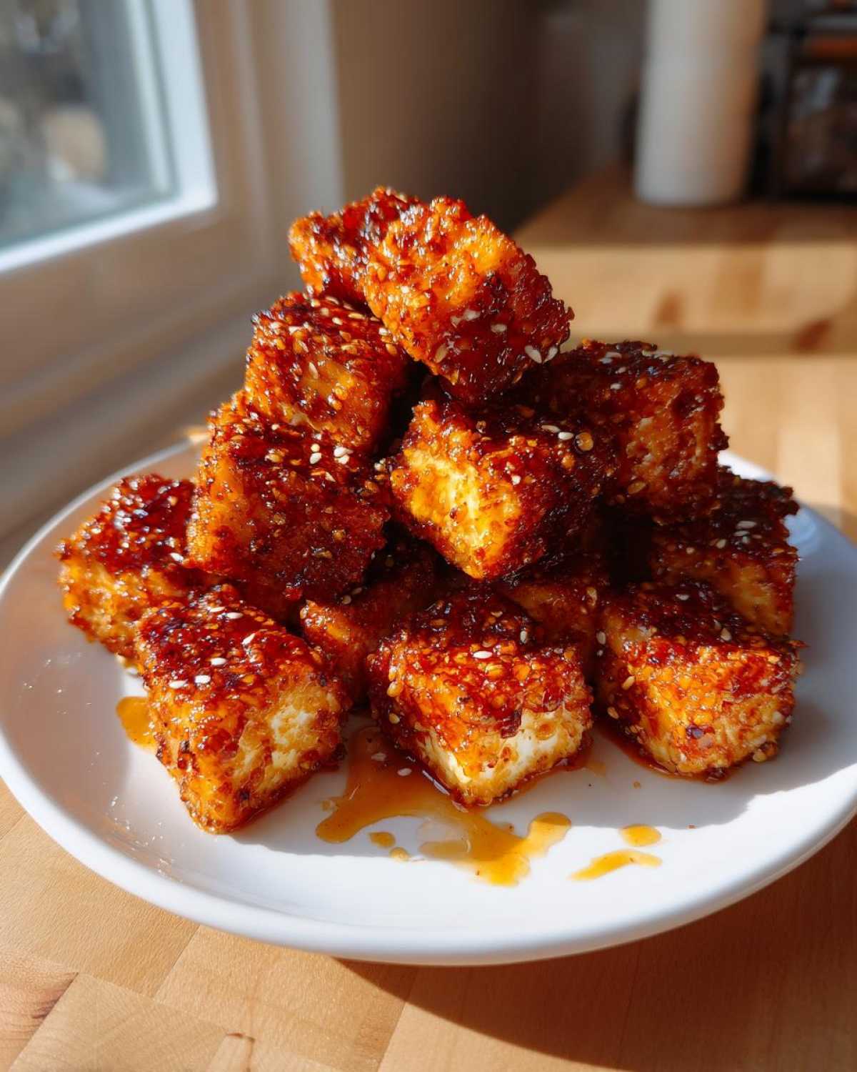 A pile of crispy Sheet Pan Crispy Honey Garlic Tofu Nuggets coated in a sticky glaze and sesame seeds.