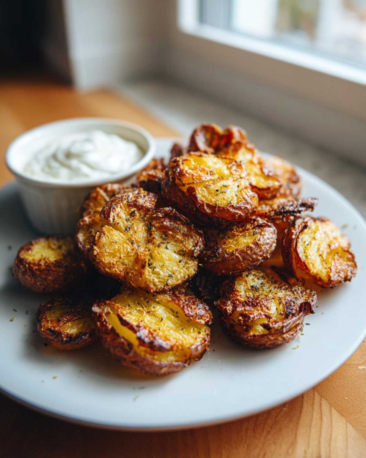 A plate piled high with crispy Sheet Pan Crispy Smashed Potatoes seasoned with herbs, next to a small bowl of garlic aioli.