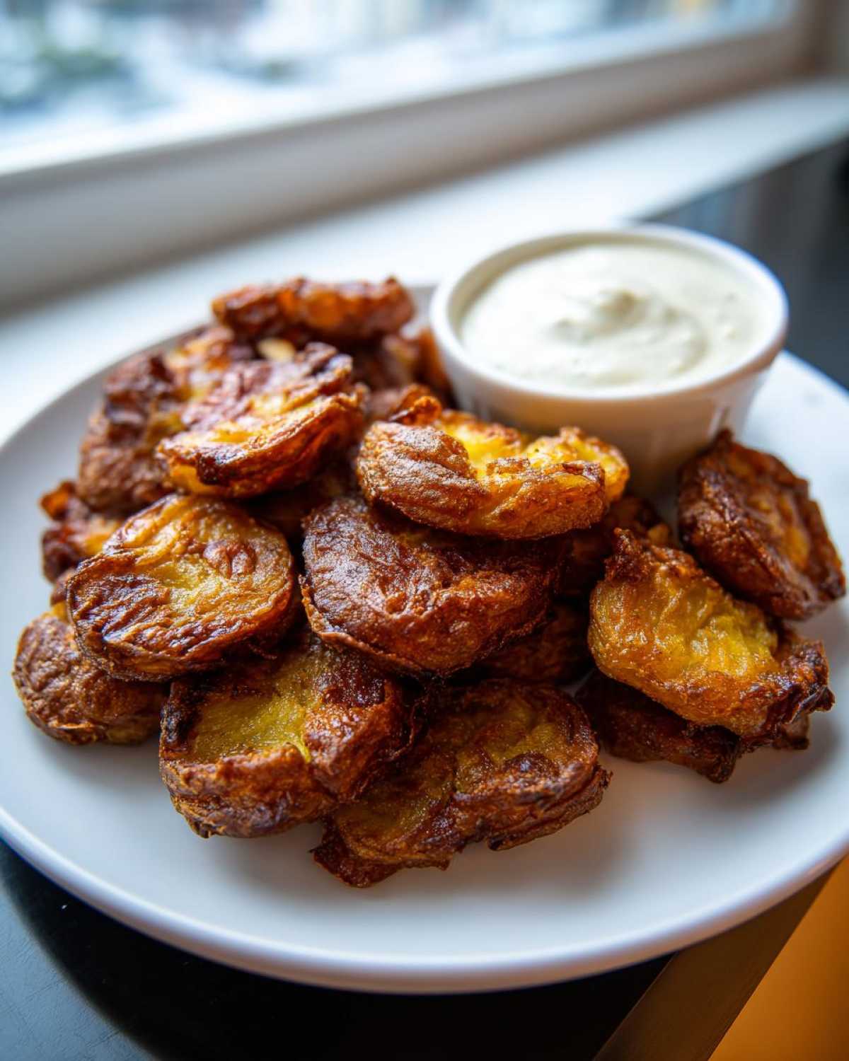 A pile of golden brown, crispy Sheet Pan Crispy Smashed Potatoes served on a white plate next to a small bowl of garlic aioli.