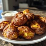 A plate piled high with golden brown, crispy Sheet Pan Crispy Smashed Potatoes next to a small bowl of garlic aioli.