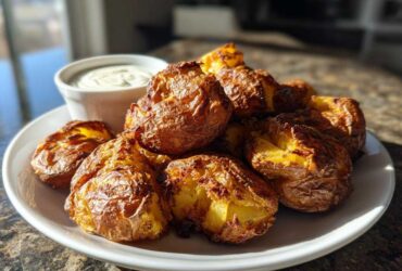A plate piled high with golden brown, crispy Sheet Pan Crispy Smashed Potatoes next to a small bowl of garlic aioli.