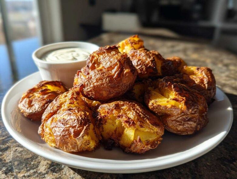 A plate piled high with golden brown, crispy Sheet Pan Crispy Smashed Potatoes next to a small bowl of garlic aioli.