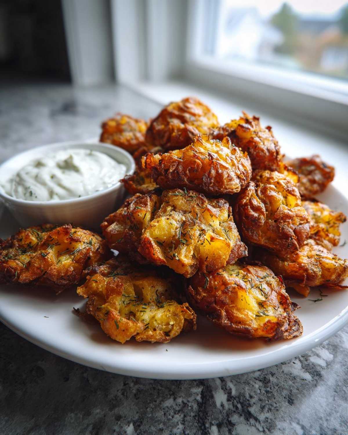 A pile of golden brown Sheet Pan Crispy Smashed Potatoes served with a small bowl of creamy garlic aioli.