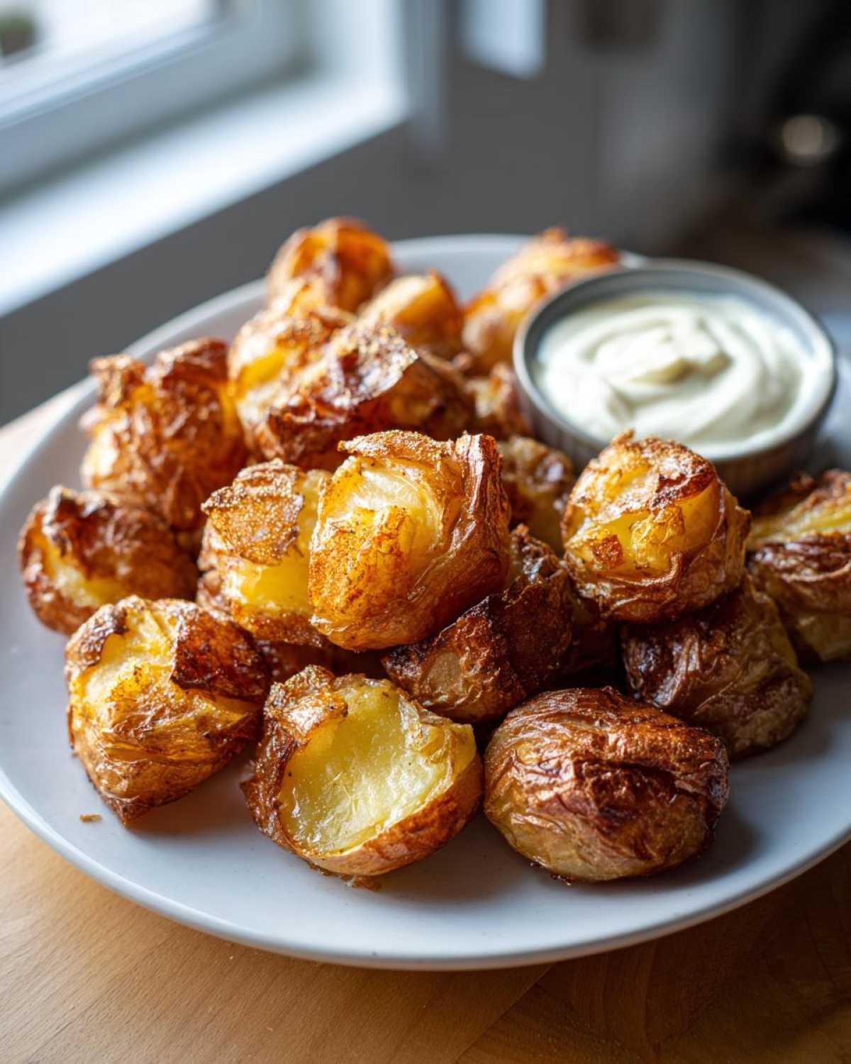 A plate piled high with golden brown Sheet Pan Crispy Smashed Potatoes next to a small bowl of garlic aioli.