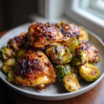 Close-up of crispy Sheet Pan Garlic Butter Chicken and Brussels Sprouts served on a light gray plate.