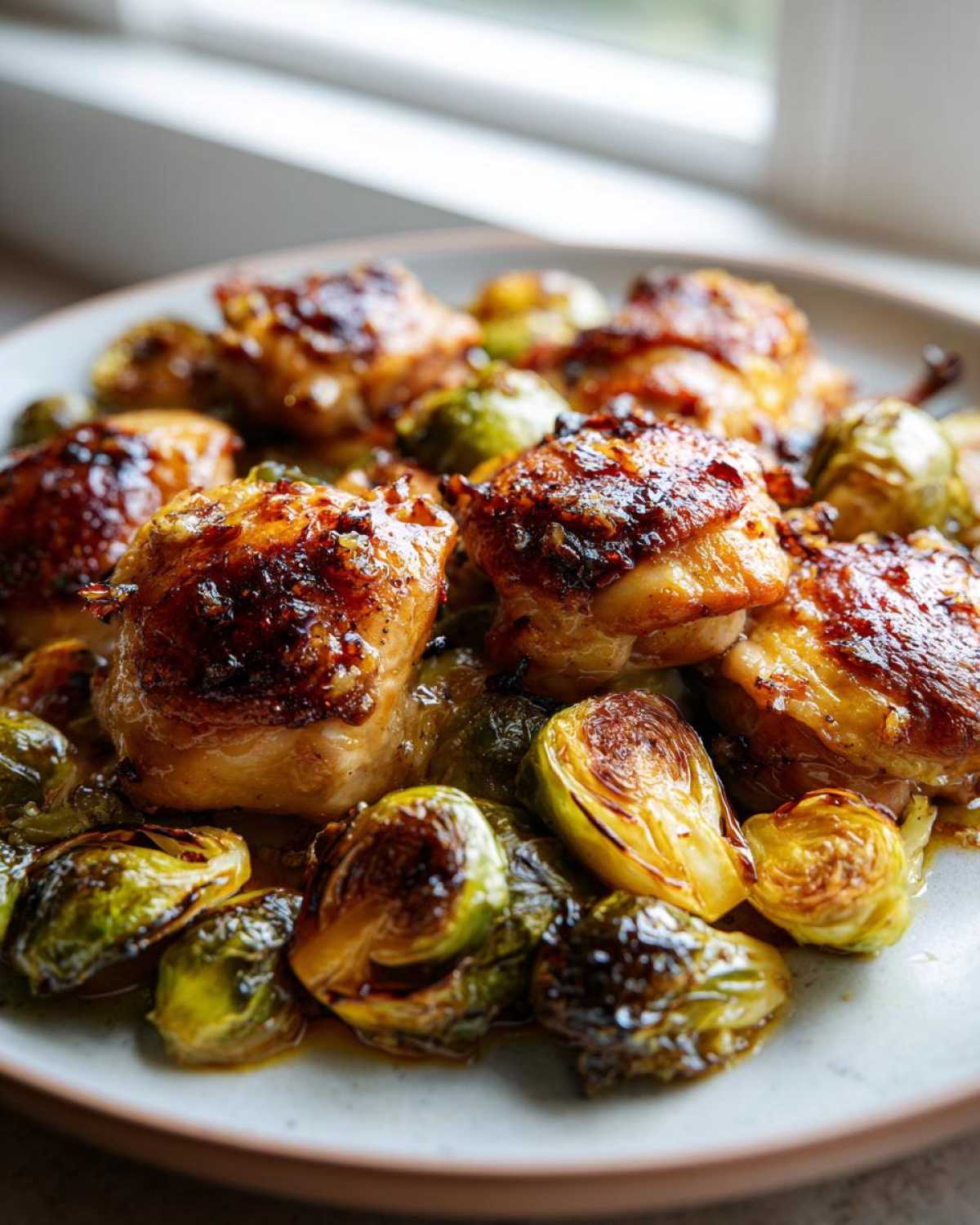 Close-up of juicy Sheet Pan Garlic Butter Chicken and Brussels Sprouts served on a light plate.