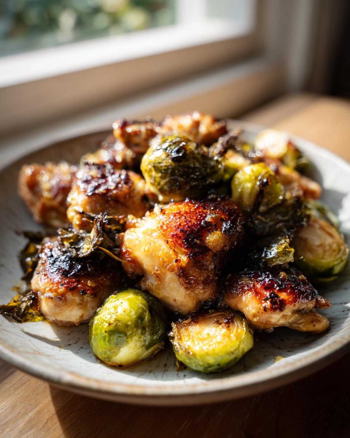 Close-up of caramelized Sheet Pan Garlic Butter Chicken and Brussels Sprouts served on a rustic plate.