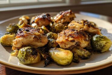 Golden brown pieces of Sheet Pan Garlic Butter Chicken and Brussels Sprouts served on a light plate.