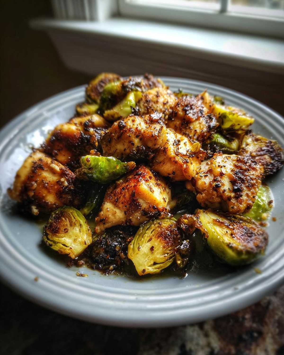 Close-up of seasoned Sheet Pan Garlic Butter Chicken and Brussels Sprouts served on a grey plate.