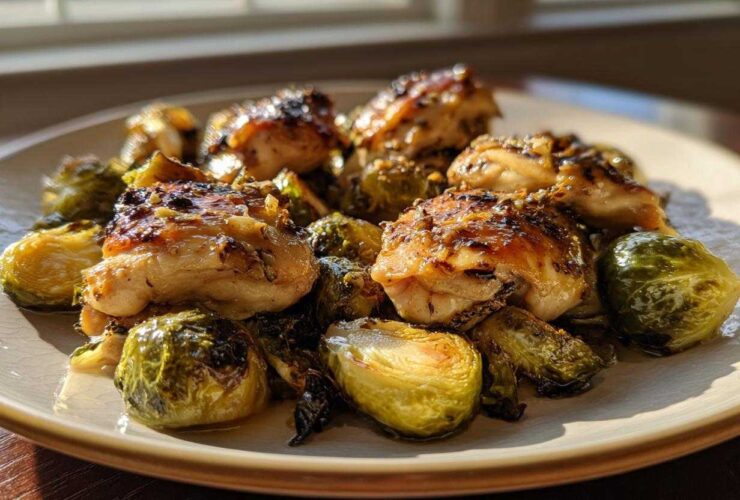 Golden brown pieces of Sheet Pan Garlic Butter Chicken and Brussels Sprouts served on a light plate.