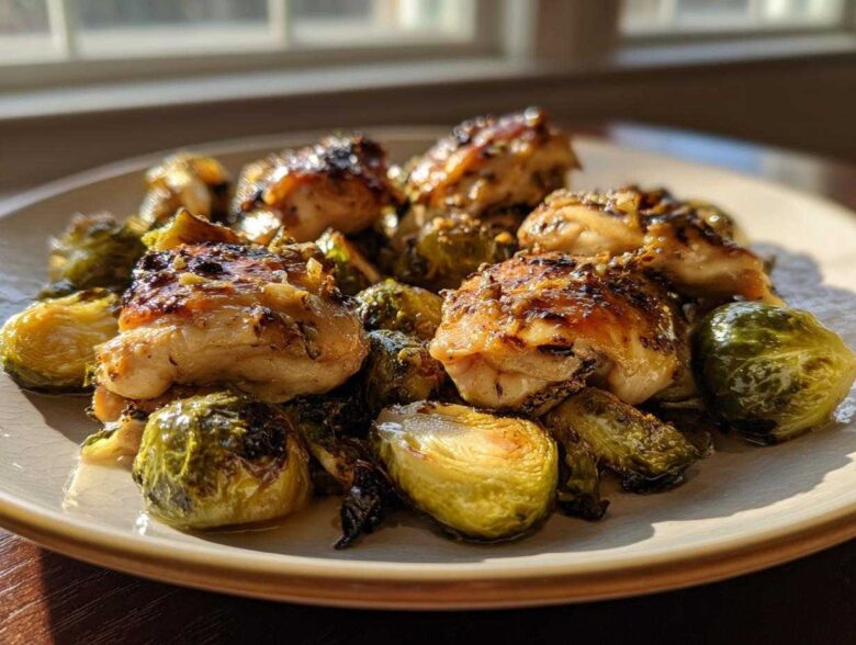 Golden brown pieces of Sheet Pan Garlic Butter Chicken and Brussels Sprouts served on a light plate.