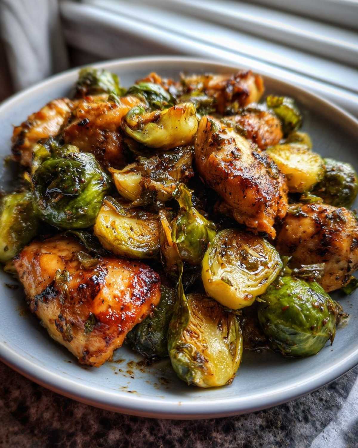 Close-up of juicy, glazed Sheet Pan Garlic Butter Chicken and Brussels Sprouts served in a light blue bowl.