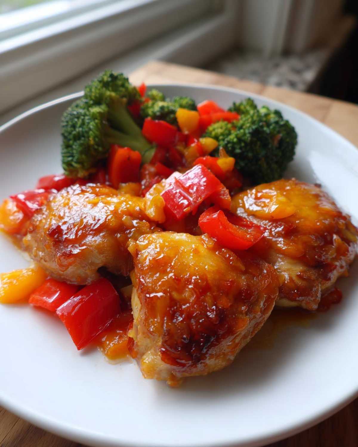 Close-up of glazed Sheet Pan Ginger Orange Chicken Thighs served with steamed broccoli and colorful bell peppers.