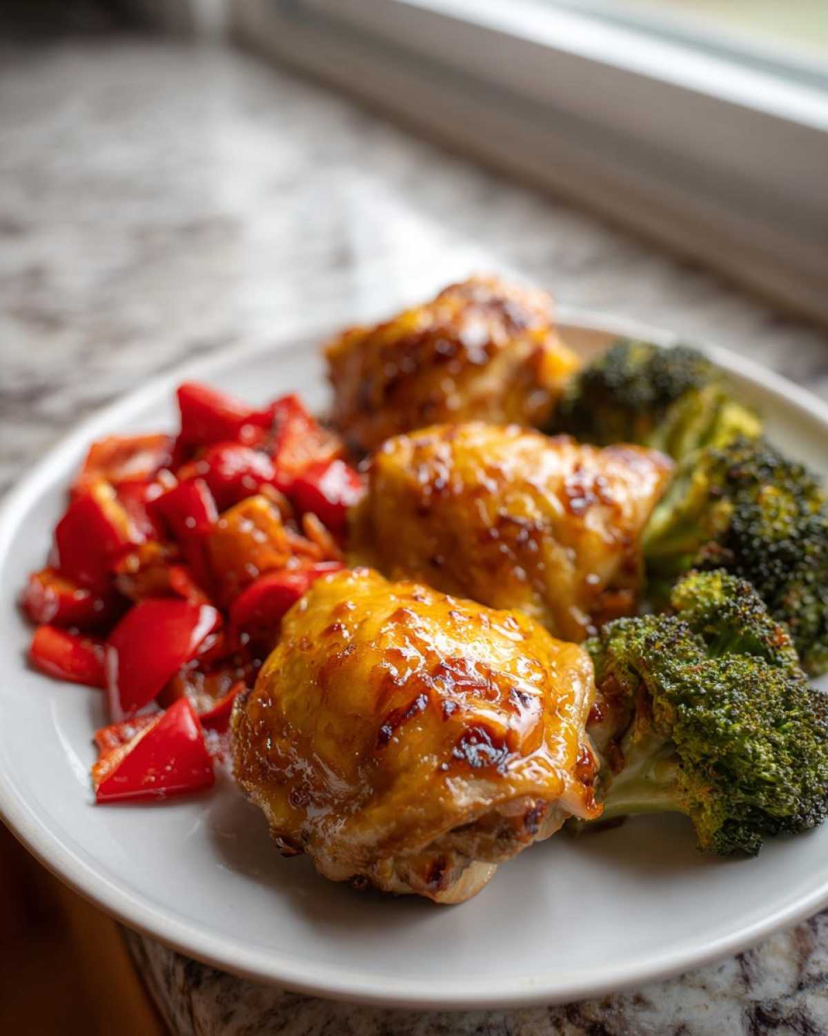 Close-up of three glazed Sheet Pan Ginger Orange Chicken Thighs served with roasted broccoli and diced red peppers.