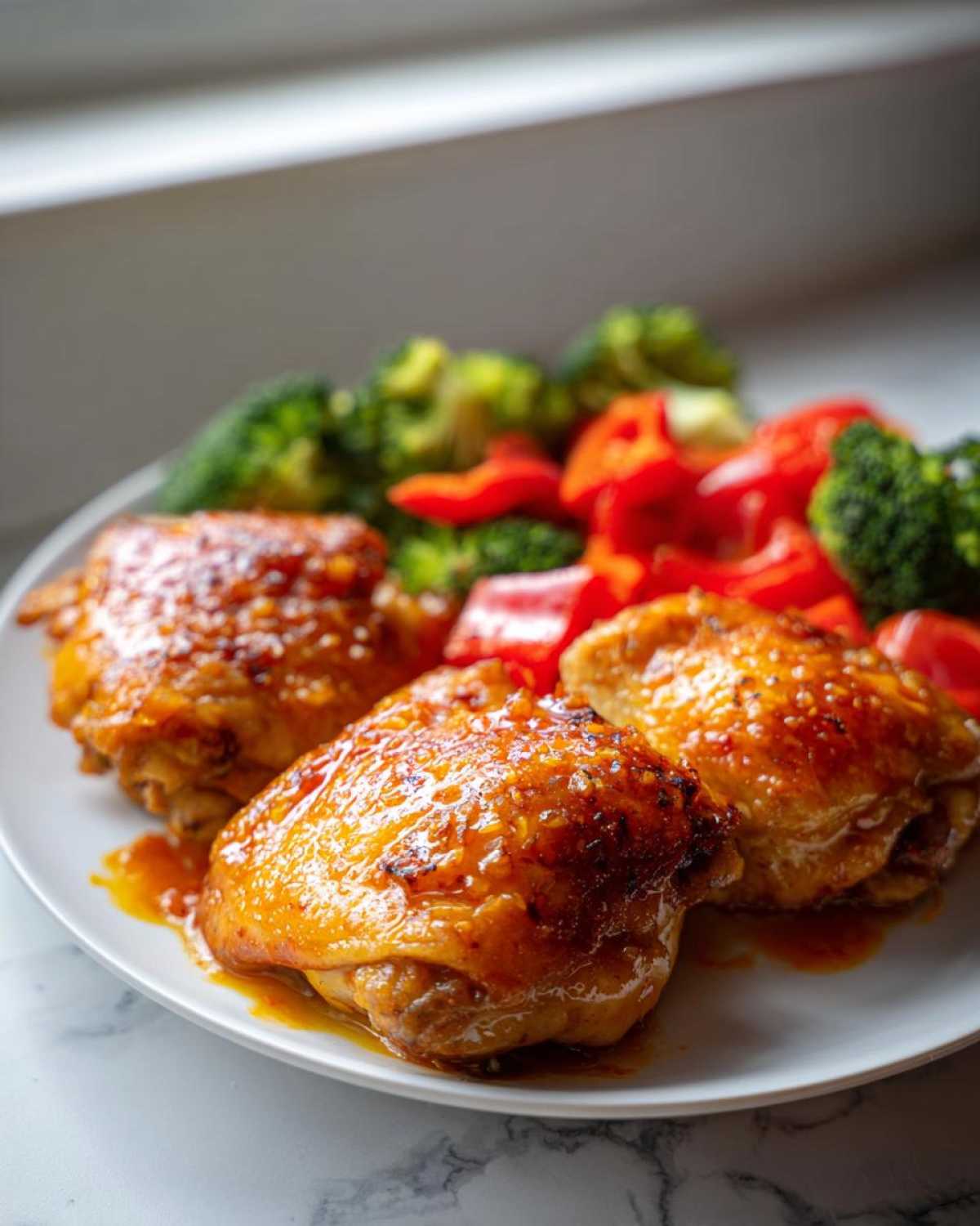 Three pieces of glazed Sheet Pan Ginger Orange Chicken Thighs served with bright red peppers and green broccoli florets.