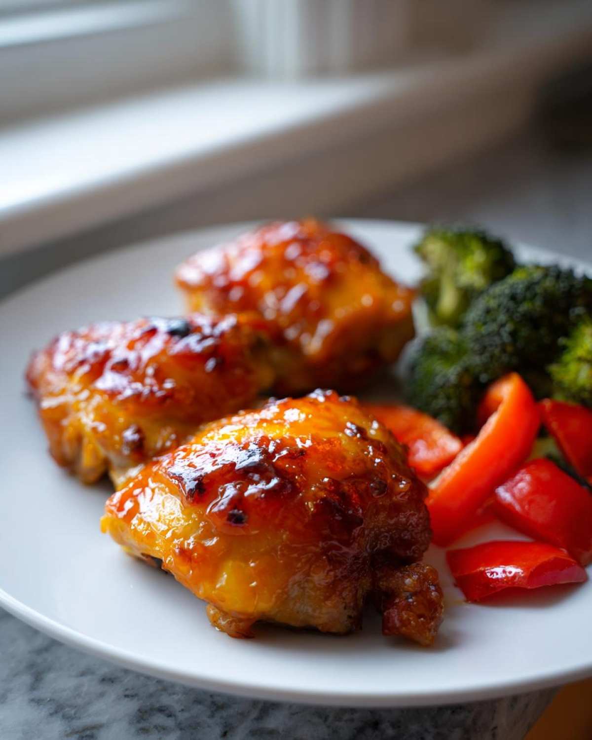Three pieces of glazed Sheet Pan Ginger Orange Chicken Thighs served with bright green broccoli and red bell pepper slices.