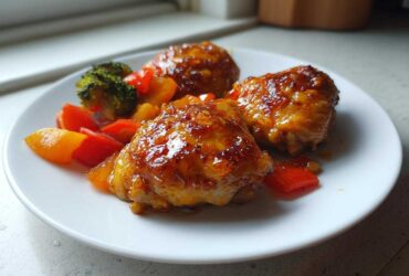 Three pieces of glazed Sheet Pan Ginger Orange Chicken Thighs served with colorful bell peppers and broccoli florets on a white plate.