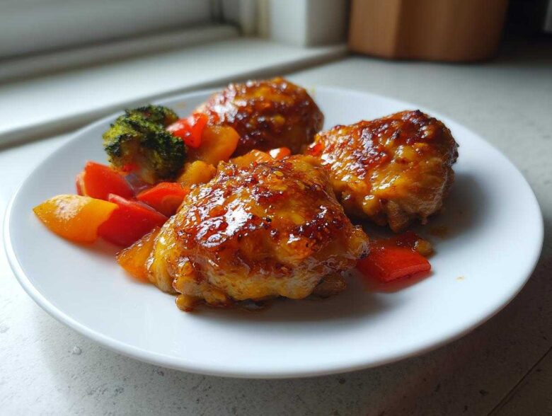 Three pieces of glazed Sheet Pan Ginger Orange Chicken Thighs served with colorful bell peppers and broccoli florets on a white plate.