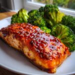 Close-up of a perfectly cooked salmon fillet covered in a glossy honey harissa glaze, served with bright green broccoli florets.