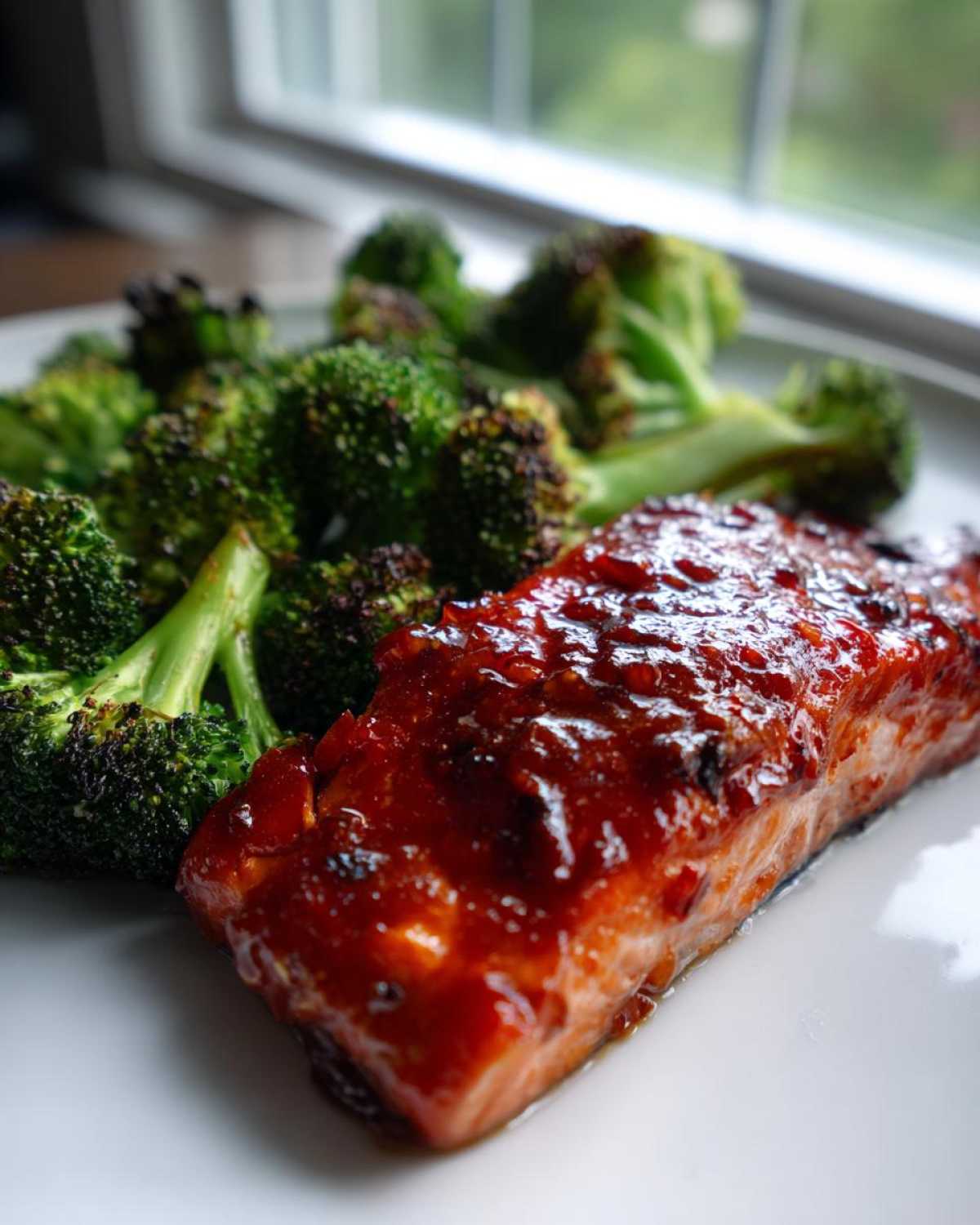 Close-up of Sheet Pan Honey Harissa Salmon glazed with a red sauce next to roasted broccoli florets.