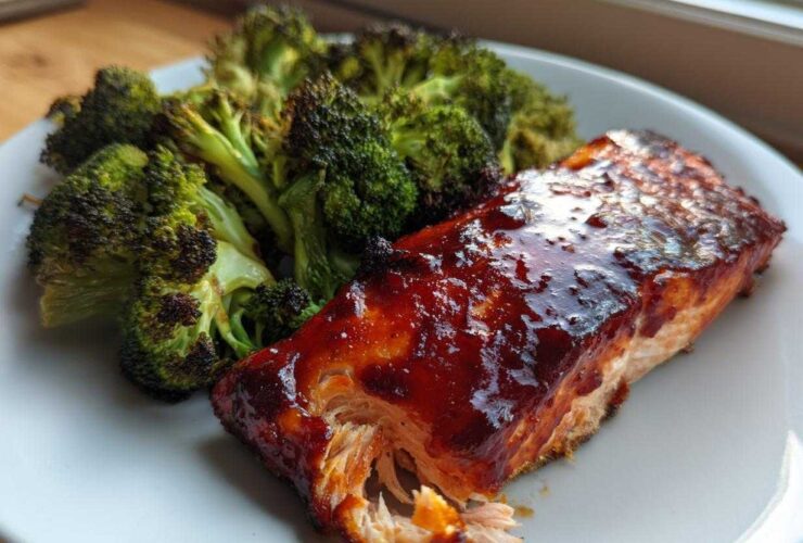 Close-up of a piece of Sheet Pan Honey Harissa Salmon with a glossy glaze next to roasted broccoli florets.