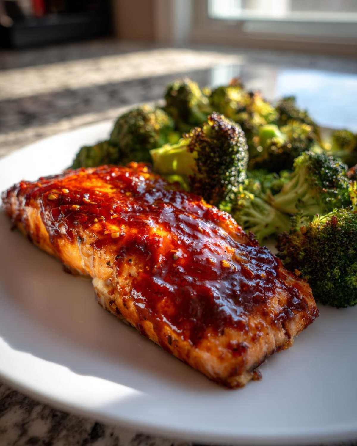 Close-up of a perfectly cooked fillet of Sheet Pan Honey Harissa Salmon topped with a shiny glaze, served next to roasted broccoli.