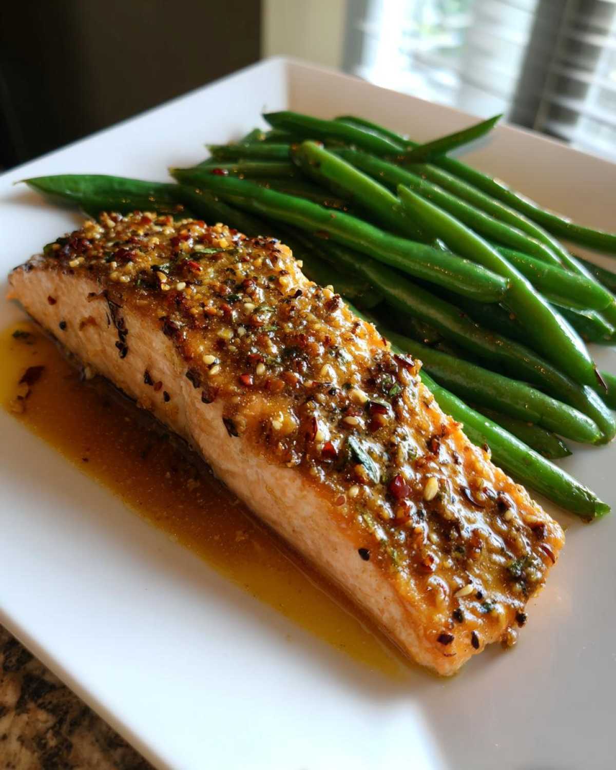 A close-up of a perfectly cooked Sheet Pan Honey Mustard Salmon fillet next to bright green beans on a white plate.