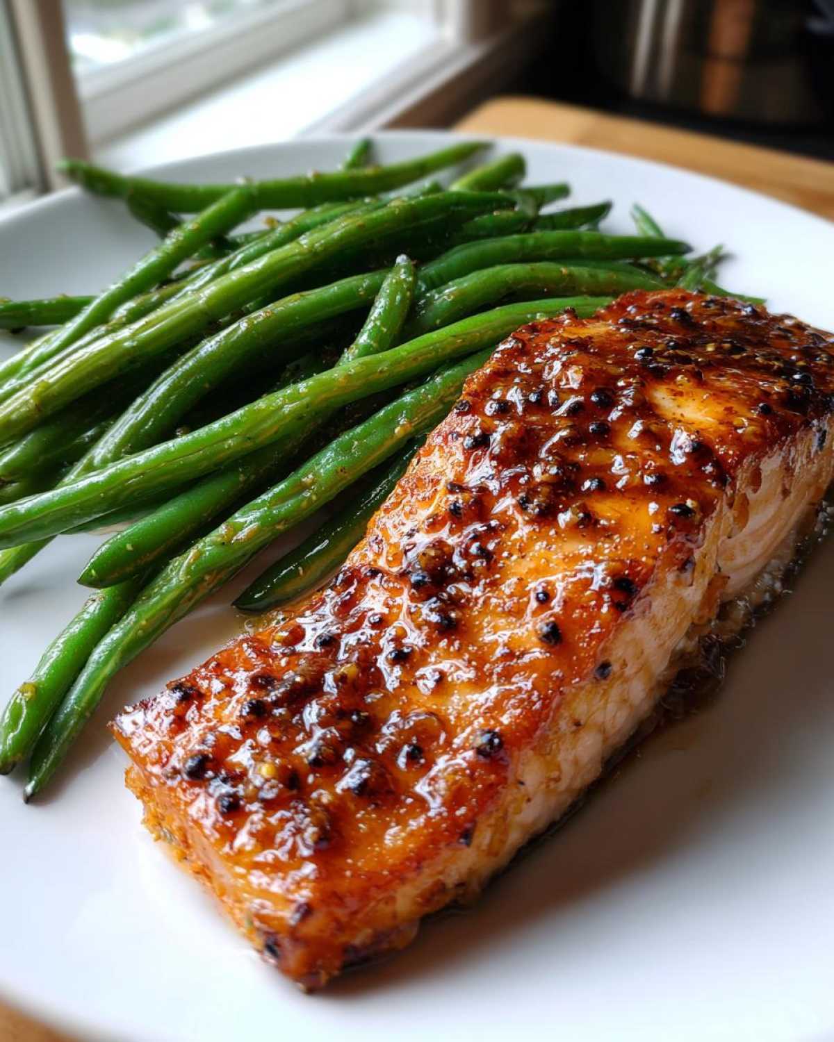 Close-up of a perfectly cooked salmon fillet with a shiny honey mustard glaze next to bright green beans.