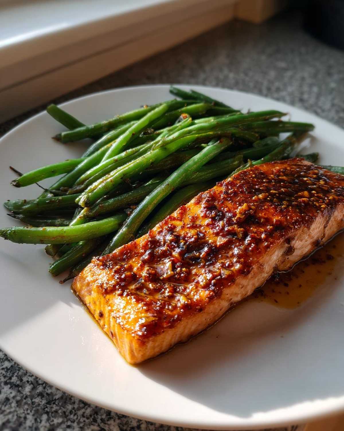 A perfectly cooked fillet of Sheet Pan Honey Mustard Salmon next to bright green beans on a white plate.