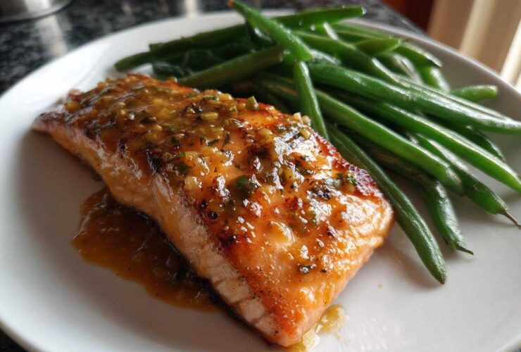 A perfectly cooked fillet of Sheet Pan Honey Mustard Salmon topped with glaze, served next to bright green beans.