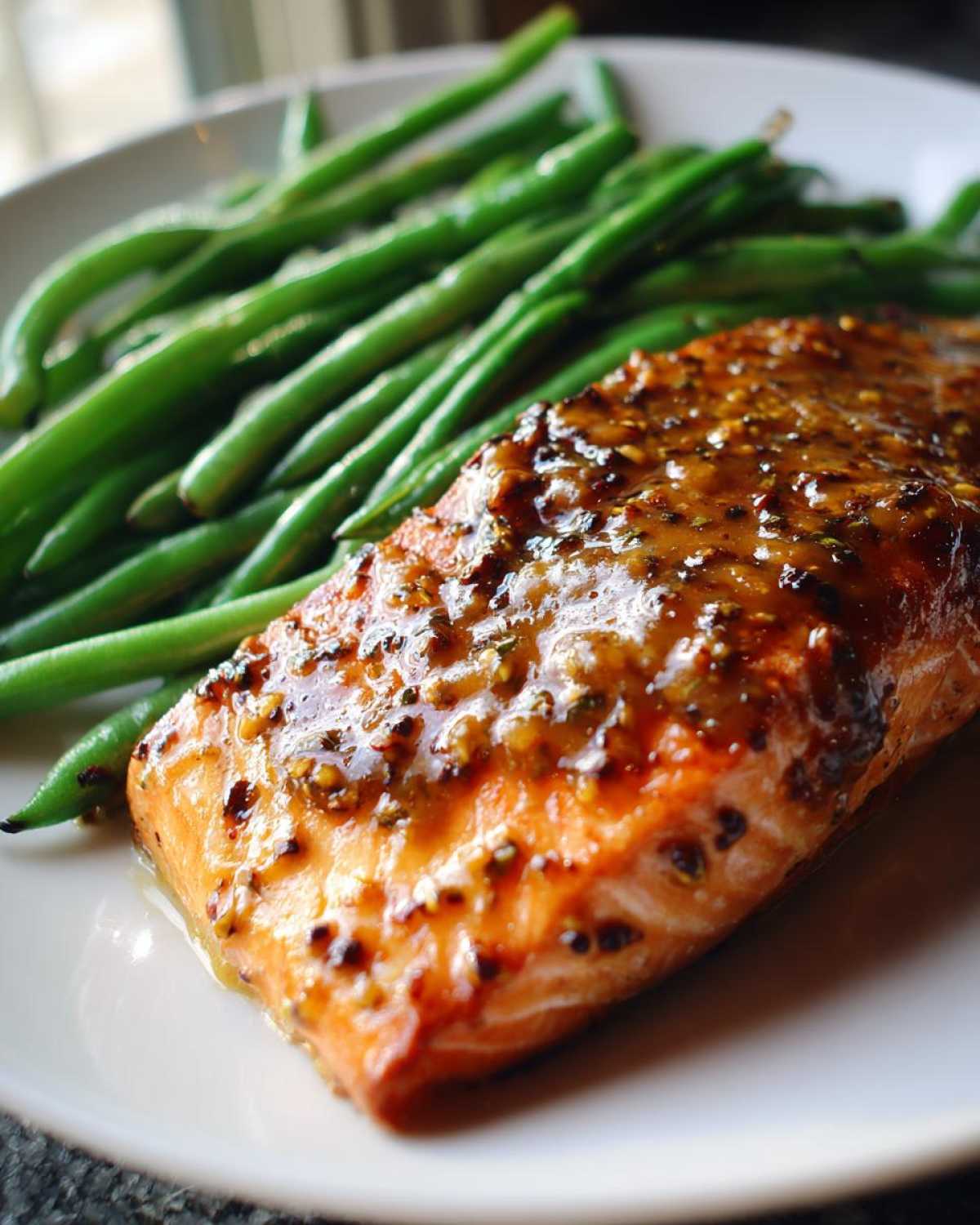 Close-up of a cooked salmon fillet topped with glossy honey mustard glaze next to bright green beans.