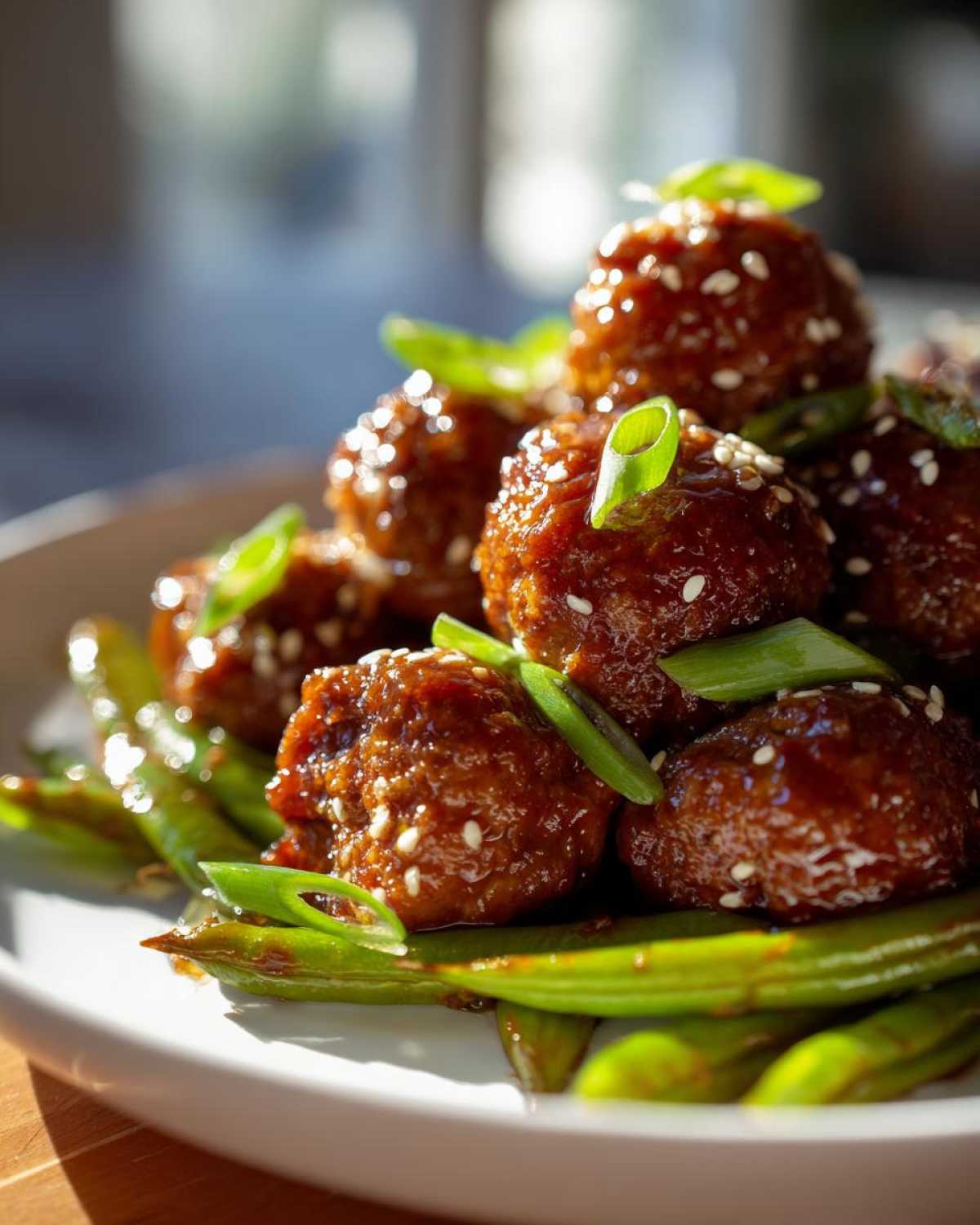 Close-up of Sheet Pan Sticky Sesame Meatballs coated in glaze and sesame seeds, served over bright green snap peas.