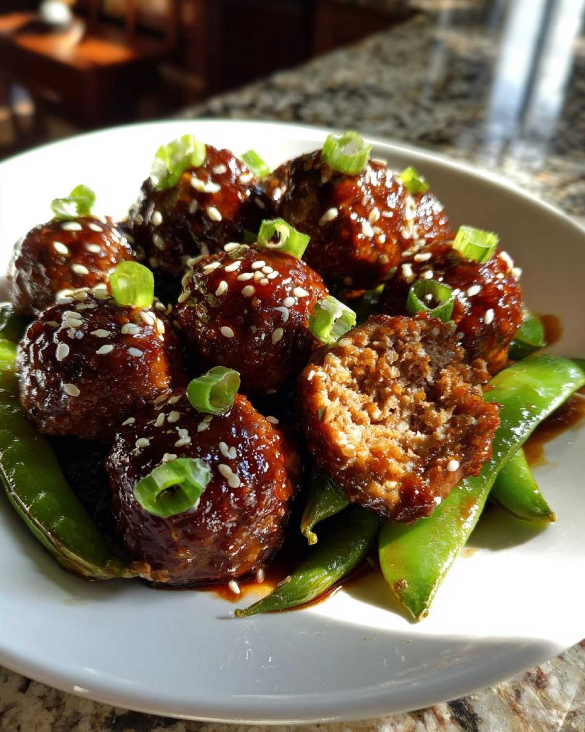 Close-up of glazed Sheet Pan Sticky Sesame Meatballs served over bright green snap peas, garnished with sesame seeds and scallions.
