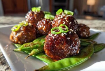 Close-up of glazed Sheet Pan Sticky Sesame Meatballs served over bright green snap peas and garnished with sesame seeds.