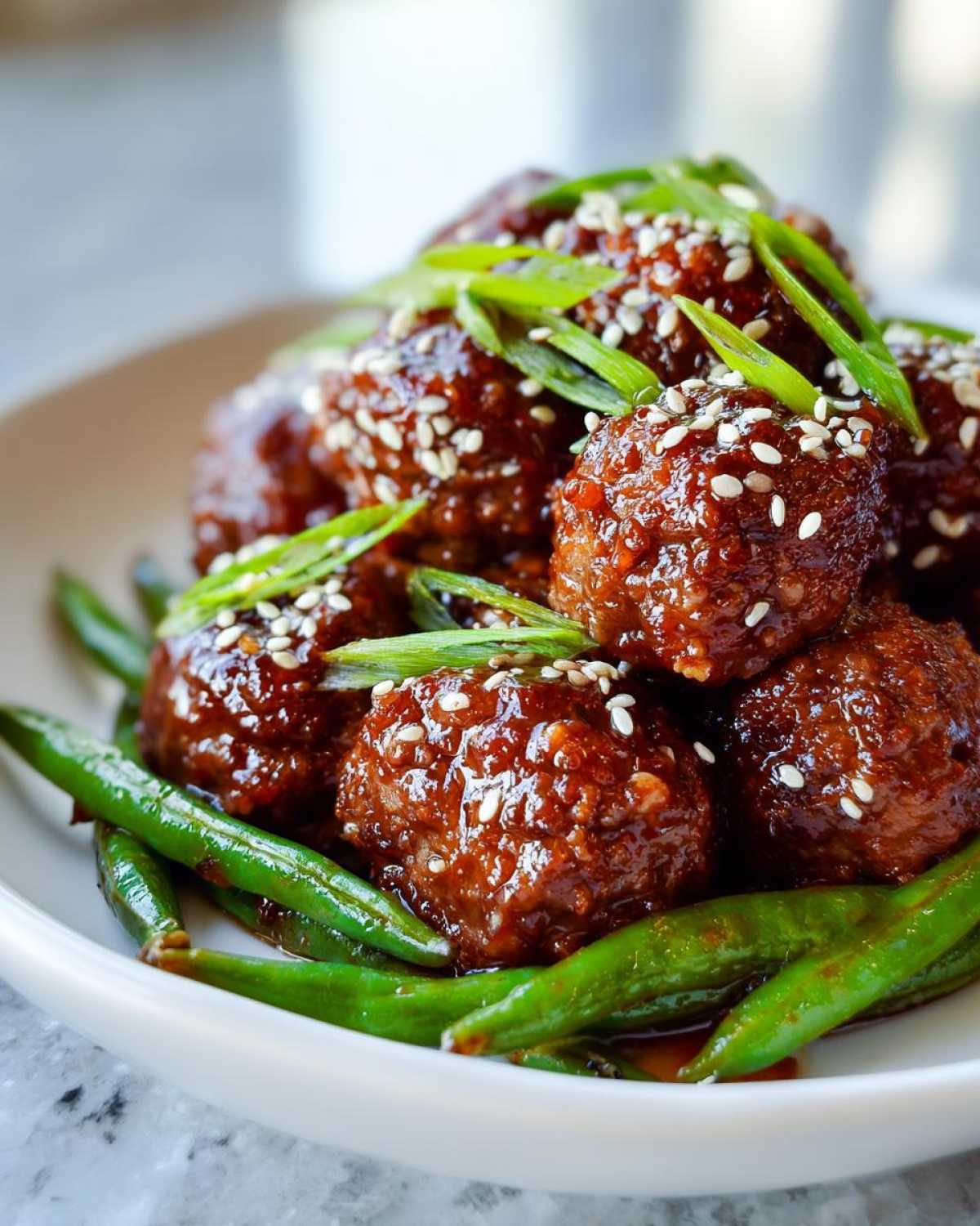 Close-up of glazed Sheet Pan Sticky Sesame Meatballs topped with sesame seeds and green onions, served over bright green snap peas.