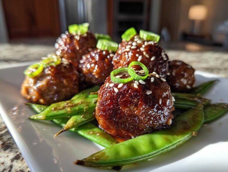 Close-up of glazed Sheet Pan Sticky Sesame Meatballs served over bright green snap peas and garnished with sesame seeds.
