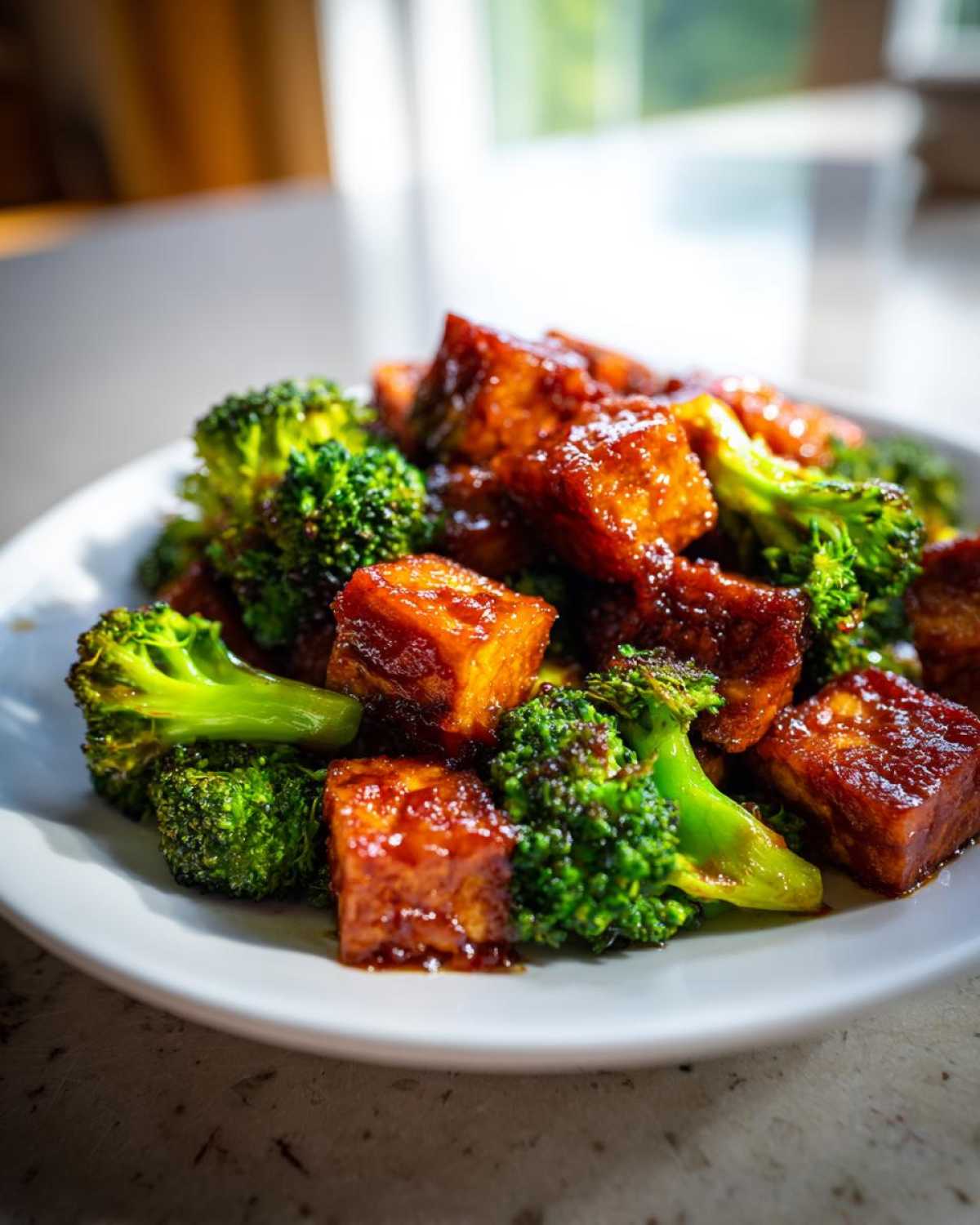 Close-up of glossy, glazed Sheet Pan Sweet Chili Tofu with bright green broccoli florets on a white plate.
