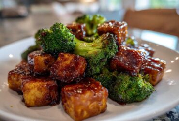 Close-up of glazed Sheet Pan Sweet Chili Tofu with bright green roasted broccoli florets on a white plate.
