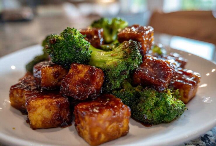 Close-up of glazed Sheet Pan Sweet Chili Tofu with bright green roasted broccoli florets on a white plate.