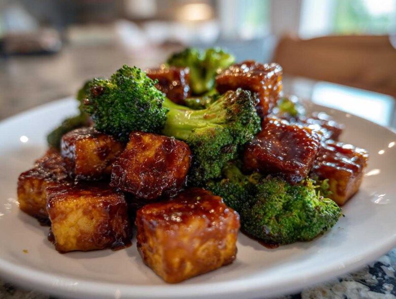 Close-up of glazed Sheet Pan Sweet Chili Tofu with bright green roasted broccoli florets on a white plate.
