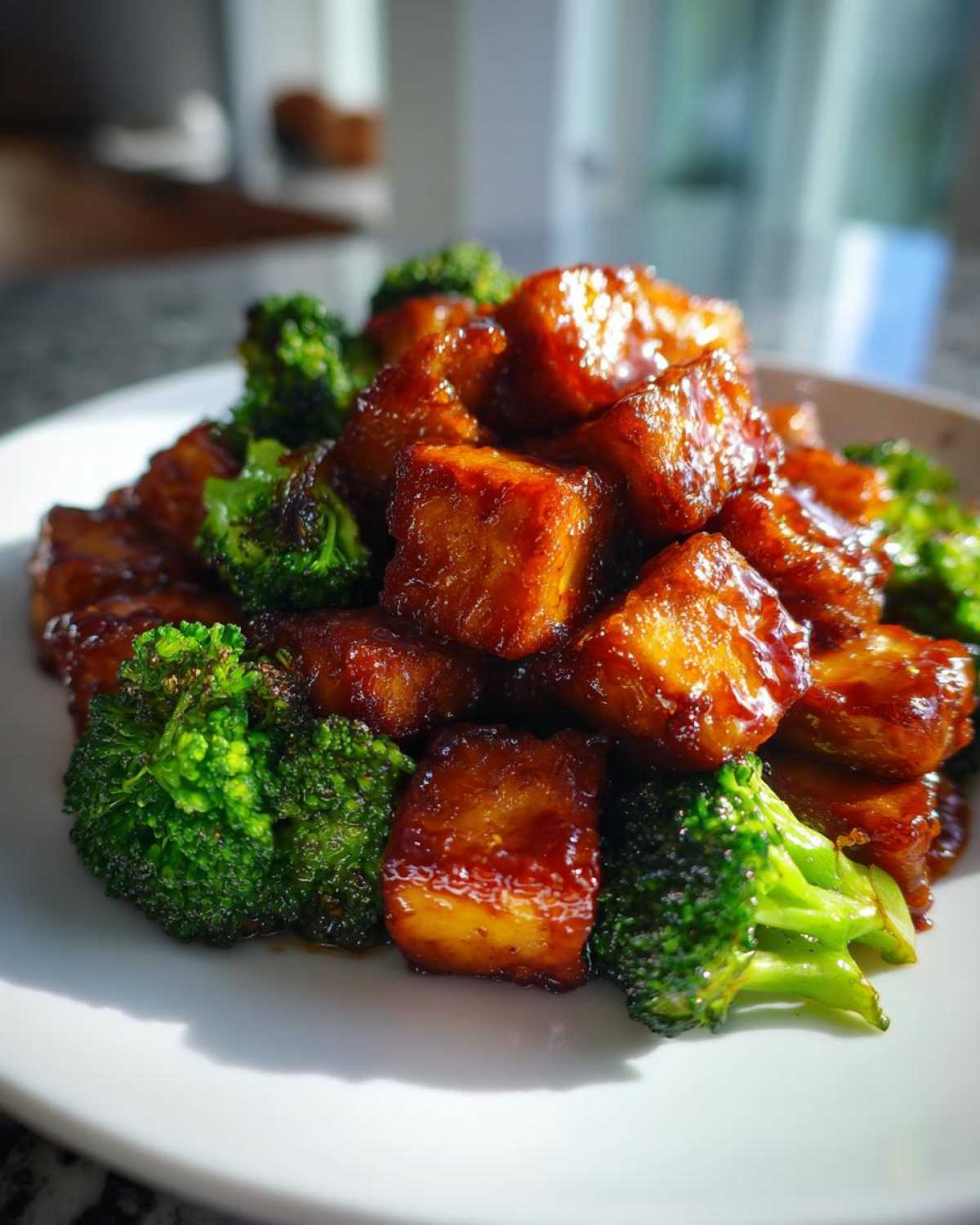 Close-up of glazed tofu cubes mixed with bright green broccoli florets, showcasing Sheet Pan Sweet Chili Tofu.