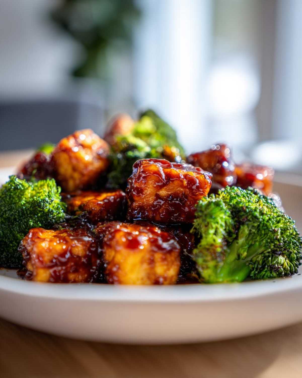 Close-up of crispy tofu cubes coated in sweet chili sauce next to bright green broccoli florets.