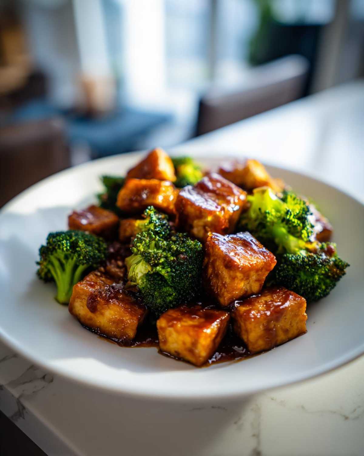 Close-up of glazed Sheet Pan Sweet Chili Tofu with bright green broccoli florets on a white plate.