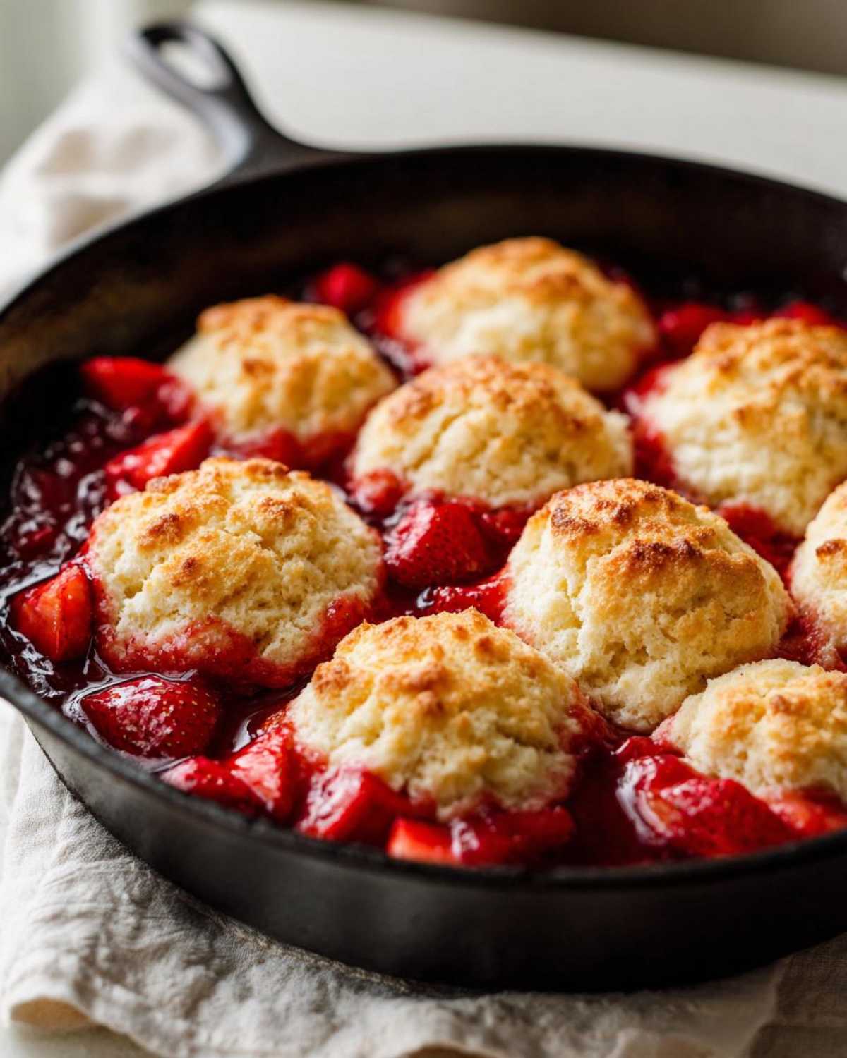 Close-up of golden biscuits topping bubbling strawberries in a cast iron skillet for Gluten-Free Strawberry Shortcake Skillet.
