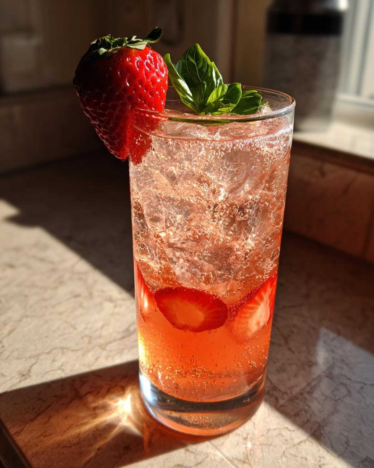 A tall glass of Sparkling Strawberry Basil Lemonade filled with ice, garnished with a whole strawberry and basil leaves.