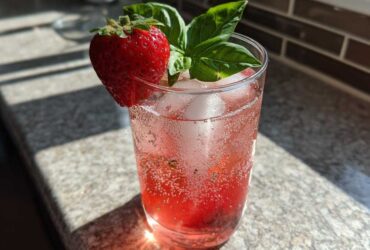 Close-up of Sparkling Strawberry Basil Lemonade garnished with a fresh strawberry and basil leaves, filled with ice.
