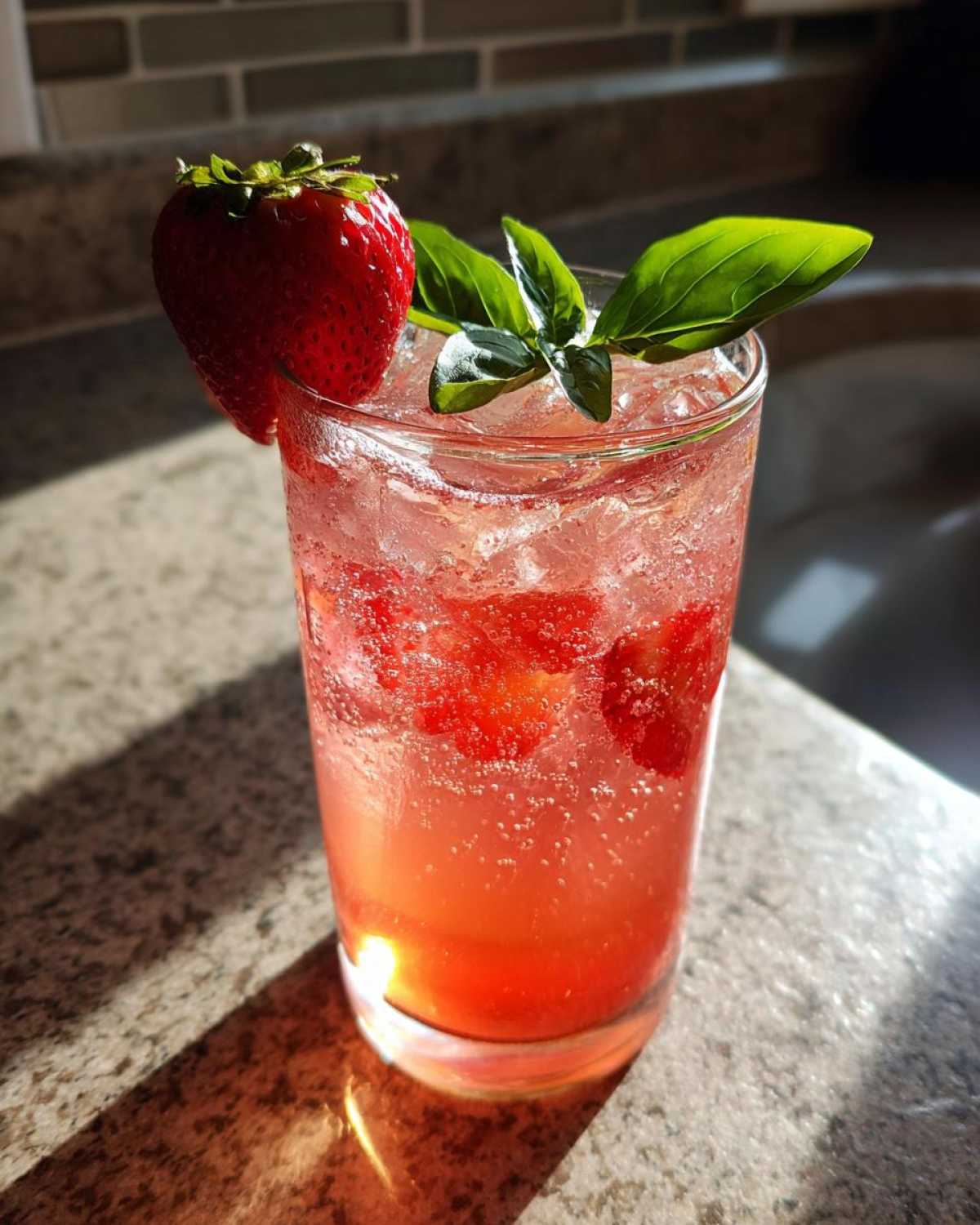 A tall glass of Sparkling Strawberry Basil Lemonade filled with ice, strawberry pieces, and garnished with a fresh strawberry and basil leaves.